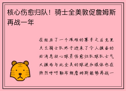核心伤愈归队！骑士全美敦促詹姆斯再战一年